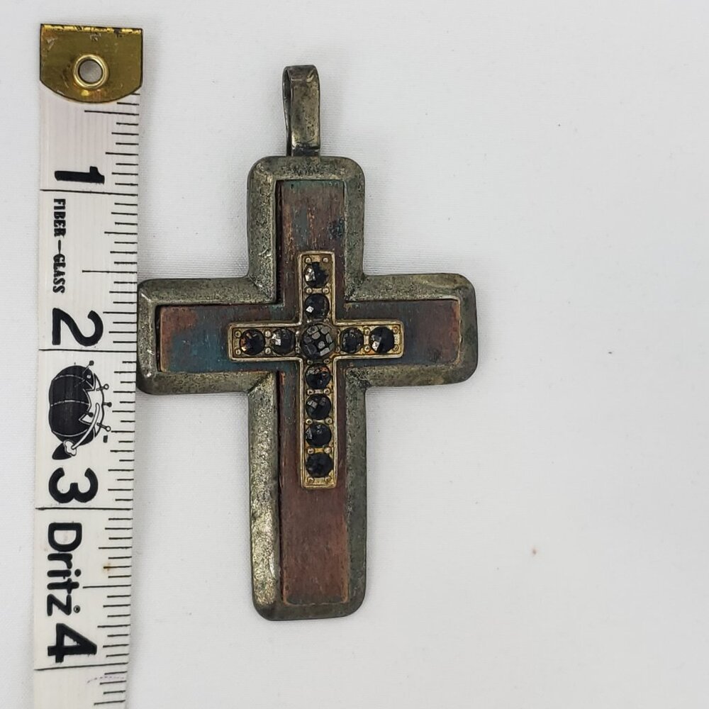 Metal & Wooden Rhinestone Large Cross Pendant - Picture 2 of 8